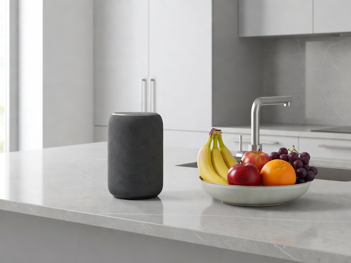 A cylindrical smart speaker resting on a modern kitchen countertop next to a bowl of fruit