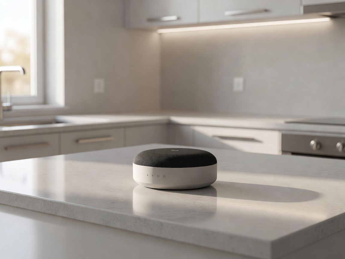 A modern smart speaker sitting on a kitchen counter