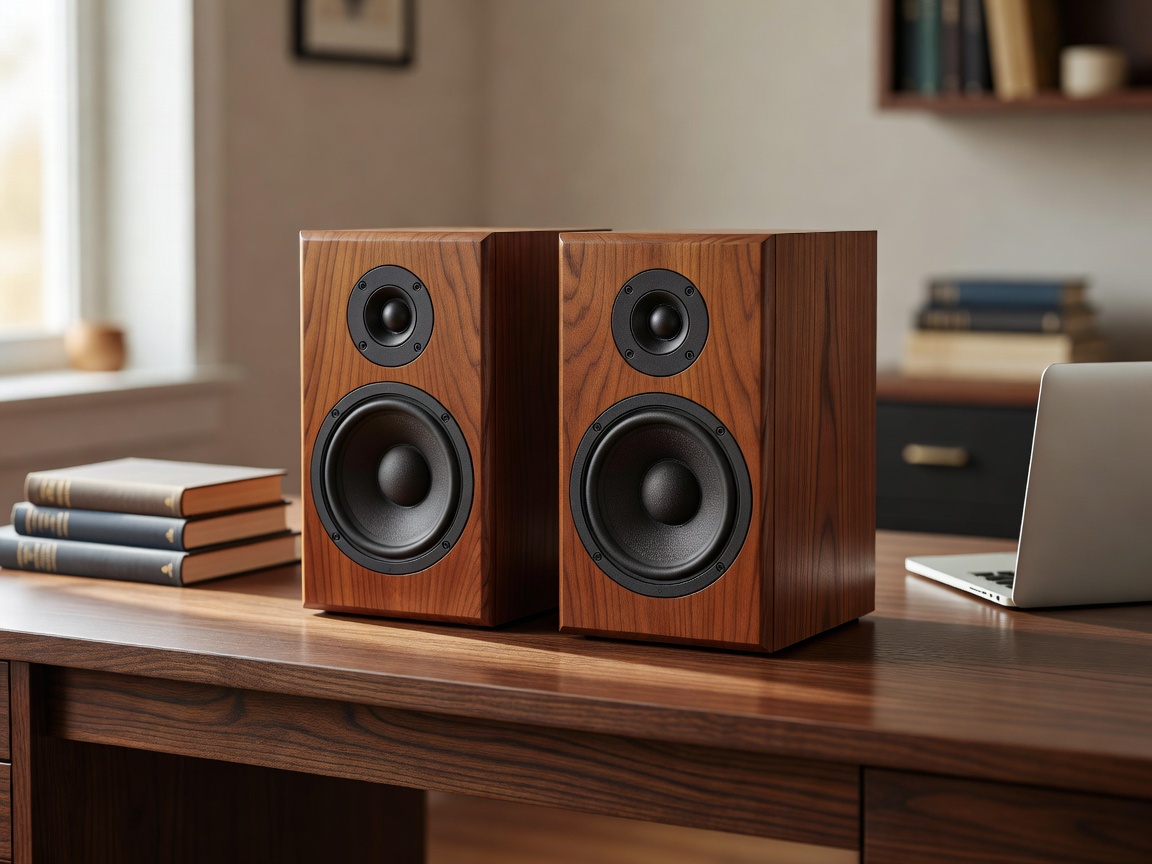 A pair of wooden bookshelf speakers on a desk