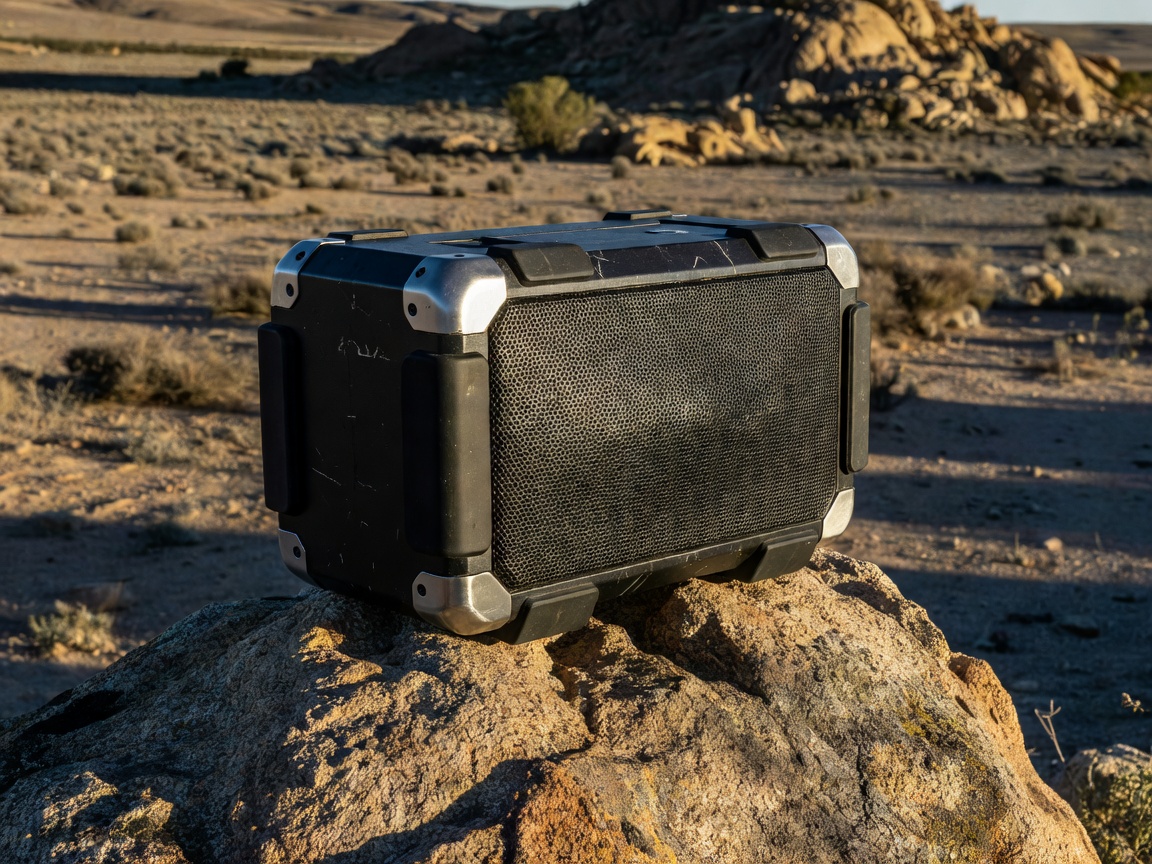 A rugged portable speaker resting on a rock outdoors