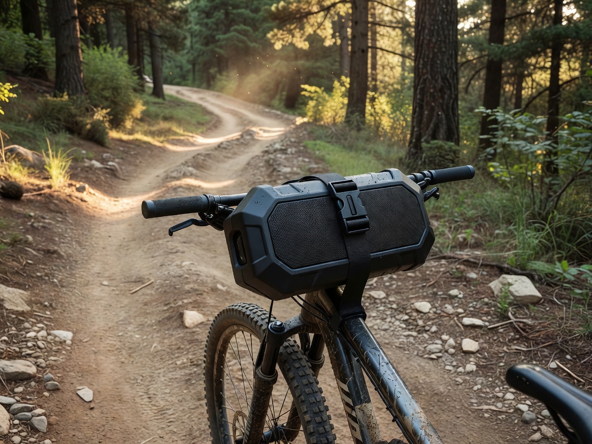 A rugged, waterproof portable speaker strapped to a bicycle frame on a dirt trail