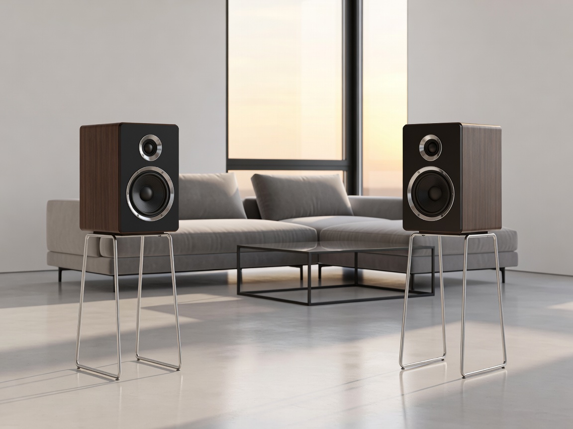 A sleek pair of two-way bookshelf speakers placed symmetrically on metal stands in a modern living room
