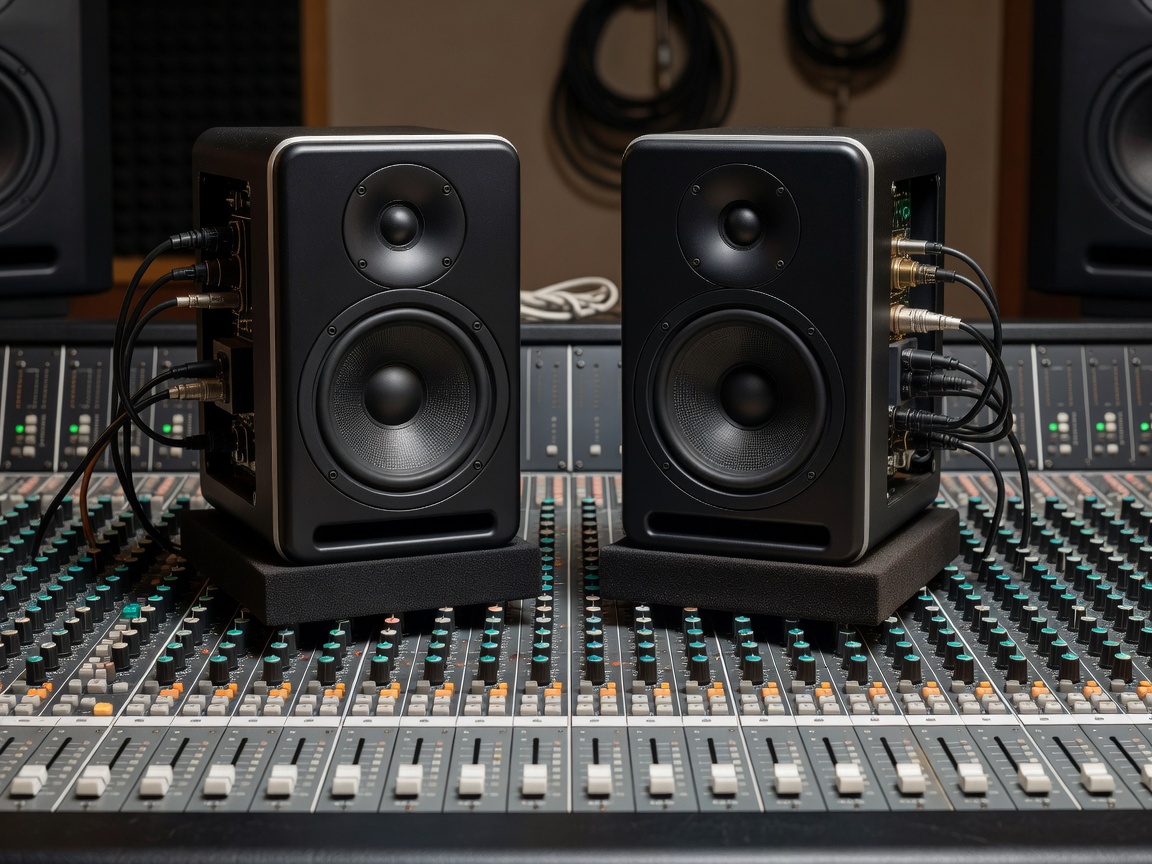 Active studio monitors positioned on a mixing desk