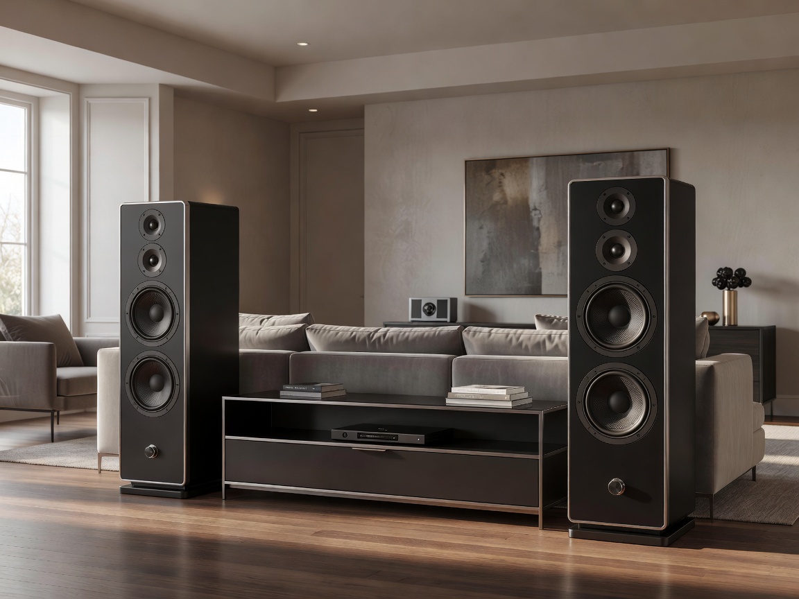 Large floorstanding tower speakers in a living room