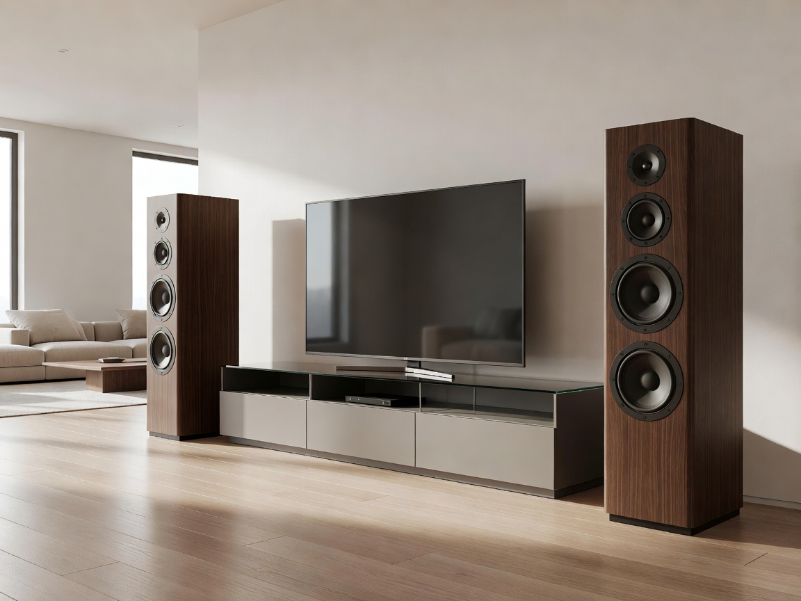 Tall floorstanding speakers flanking a modern media console in a spacious living room