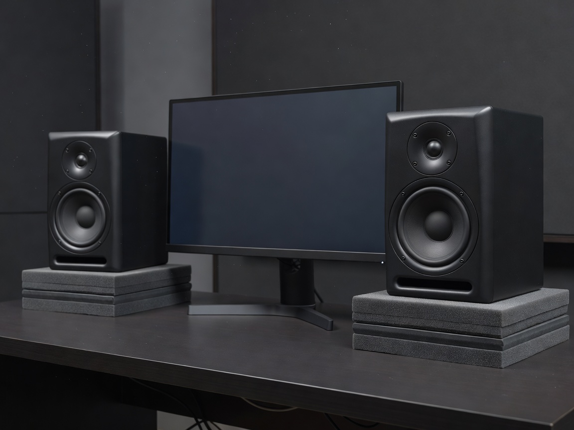 Two black powered studio monitors on acoustic isolation pads flanking a computer monitor
